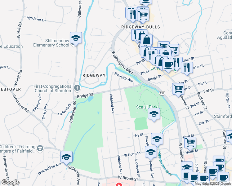 map of restaurants, bars, coffee shops, grocery stores, and more near 120 Bridge Street in Stamford