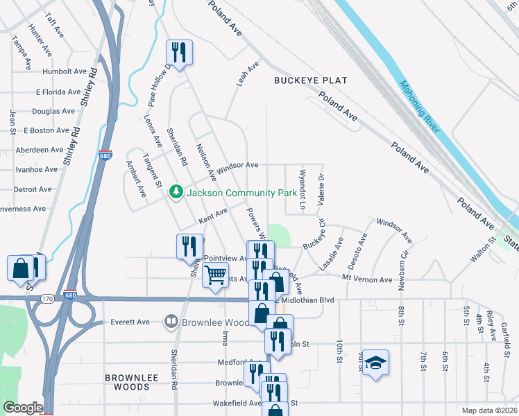 map of restaurants, bars, coffee shops, grocery stores, and more near 3593 Loveland Road in Youngstown