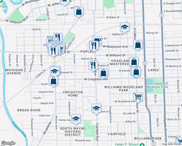map of restaurants, bars, coffee shops, grocery stores, and more near 603 West Dewald Street in Fort Wayne