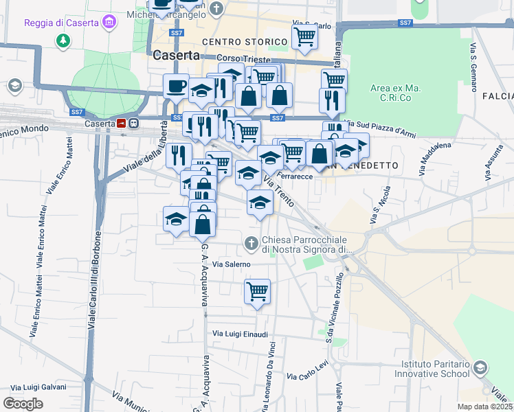 map of restaurants, bars, coffee shops, grocery stores, and more near 166 Viale Abramo Lincoln in Caserta