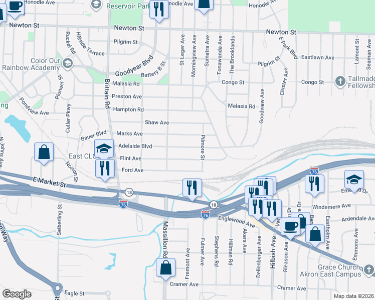 map of restaurants, bars, coffee shops, grocery stores, and more near 1874 Adelaide Boulevard in Akron