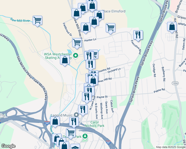 map of restaurants, bars, coffee shops, grocery stores, and more near 300 Saw Mill River Road in Elmsford