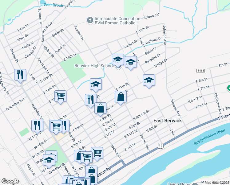 map of restaurants, bars, coffee shops, grocery stores, and more near 1055-1099 Fowler Ave in Berwick