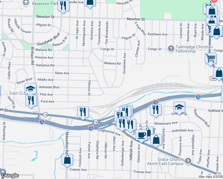 map of restaurants, bars, coffee shops, grocery stores, and more near 2001 Adelaide Boulevard in Akron