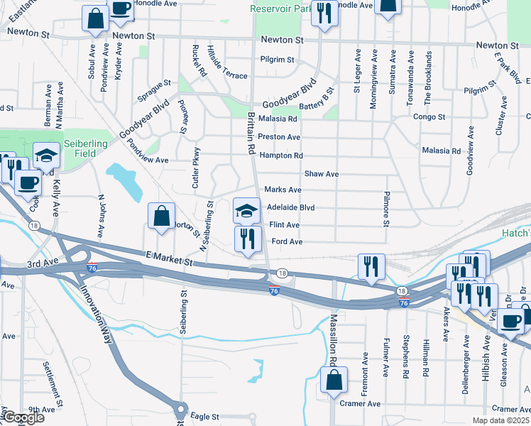 map of restaurants, bars, coffee shops, grocery stores, and more near 1717 Adelaide Boulevard in Akron