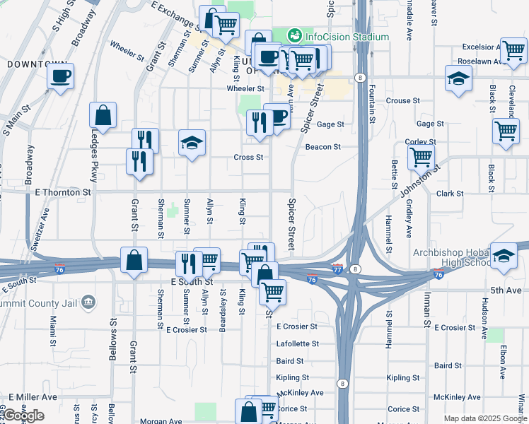 map of restaurants, bars, coffee shops, grocery stores, and more near 600 Brown Street in Akron