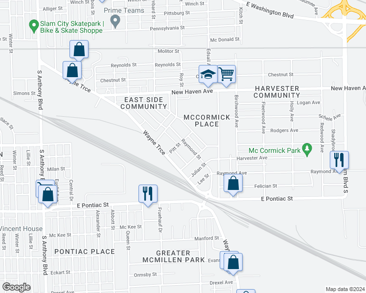 map of restaurants, bars, coffee shops, grocery stores, and more near 2906 McCormick Avenue in Fort Wayne