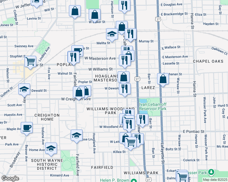map of restaurants, bars, coffee shops, grocery stores, and more near 2120 South Harrison Street in Fort Wayne
