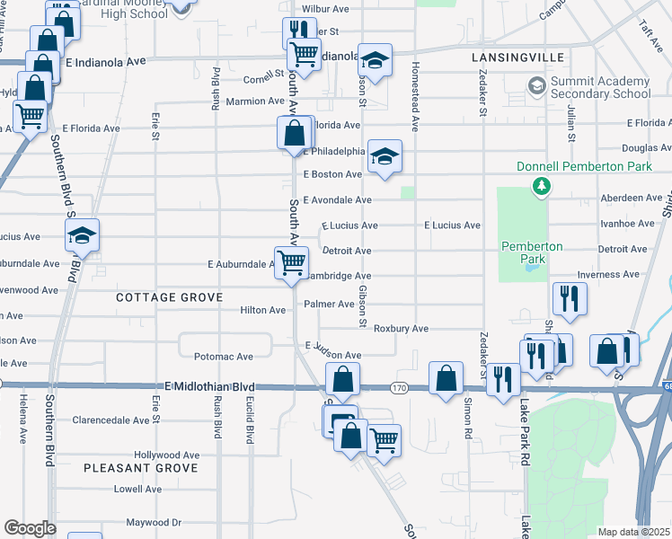 map of restaurants, bars, coffee shops, grocery stores, and more near 552 Cambridge Avenue in Youngstown