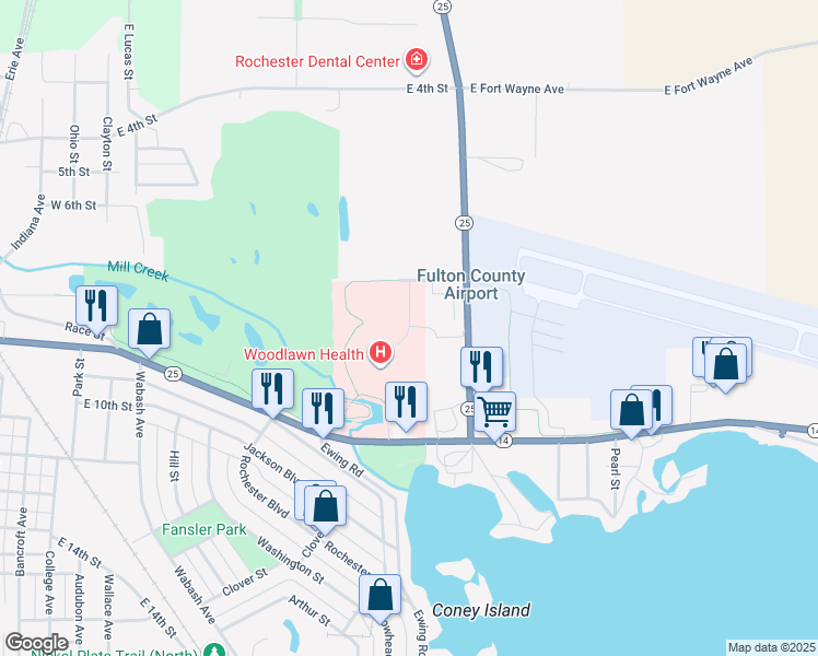 map of restaurants, bars, coffee shops, grocery stores, and more near 1499 Woodlawn Hospital Drive in Rochester