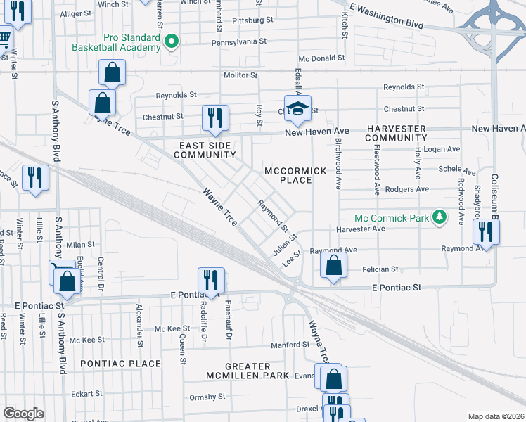 map of restaurants, bars, coffee shops, grocery stores, and more near 2906 McCormick Avenue in Fort Wayne