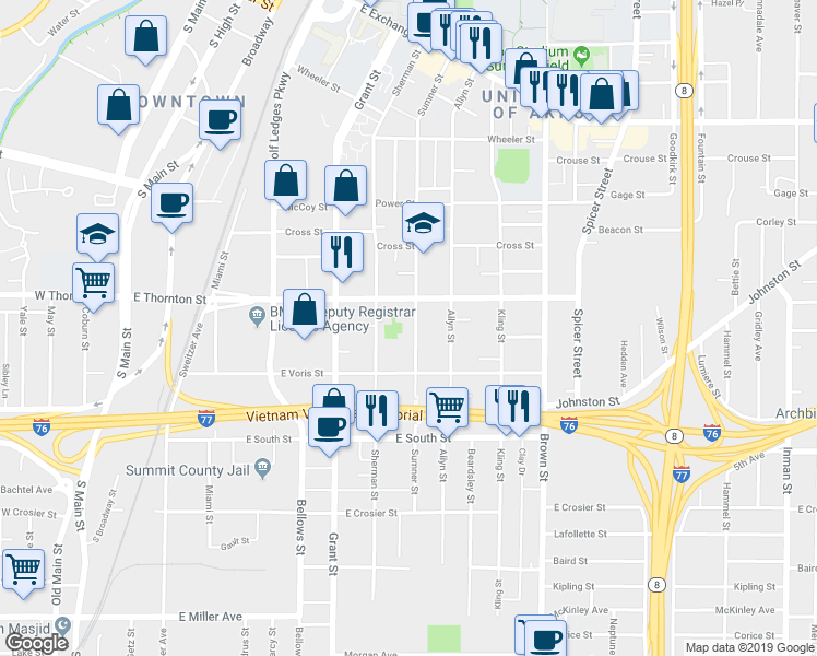 map of restaurants, bars, coffee shops, grocery stores, and more near 668 Sumner Street in Akron