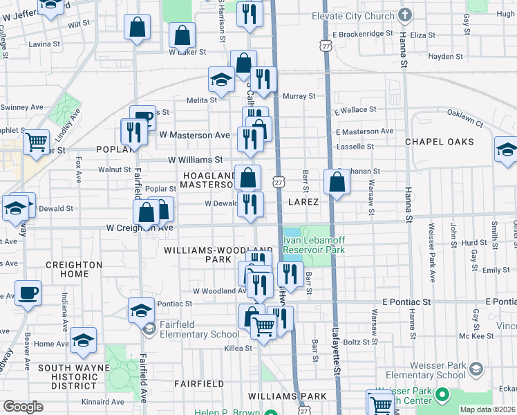 map of restaurants, bars, coffee shops, grocery stores, and more near 2205 South Calhoun Street in Fort Wayne