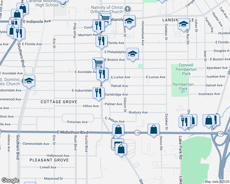map of restaurants, bars, coffee shops, grocery stores, and more near 545 Detroit Avenue in Youngstown