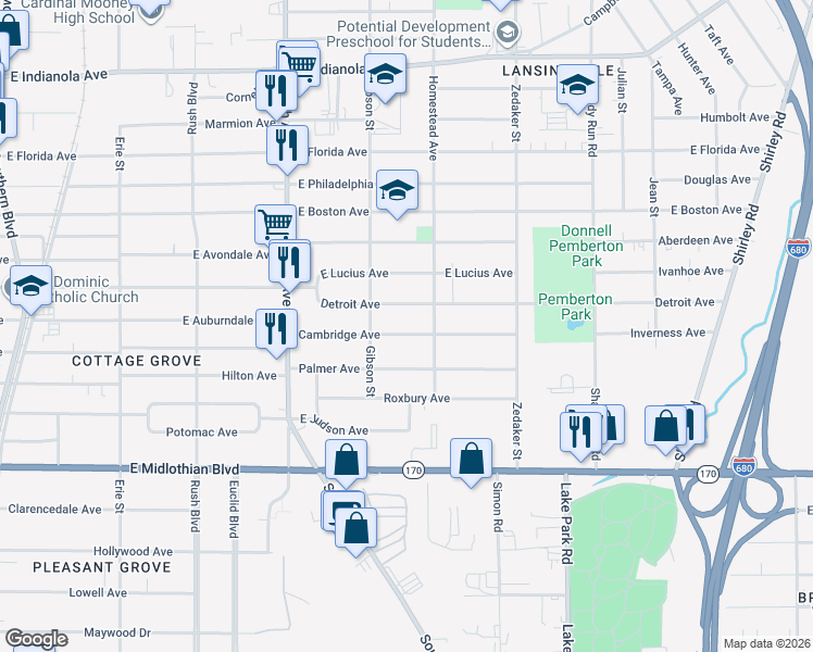 map of restaurants, bars, coffee shops, grocery stores, and more near 733 Detroit Avenue in Youngstown