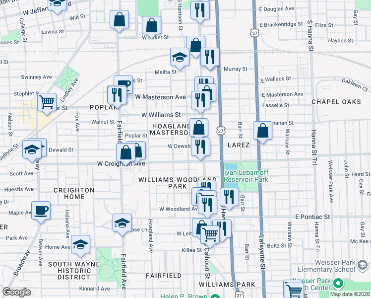 map of restaurants, bars, coffee shops, grocery stores, and more near 2208 Harrison Street in Fort Wayne