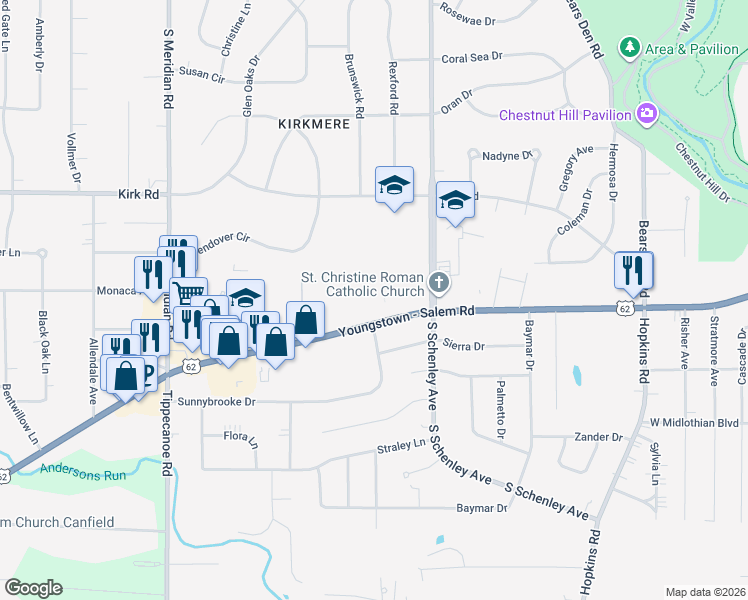 map of restaurants, bars, coffee shops, grocery stores, and more near 2860 Canfield Road in Youngstown