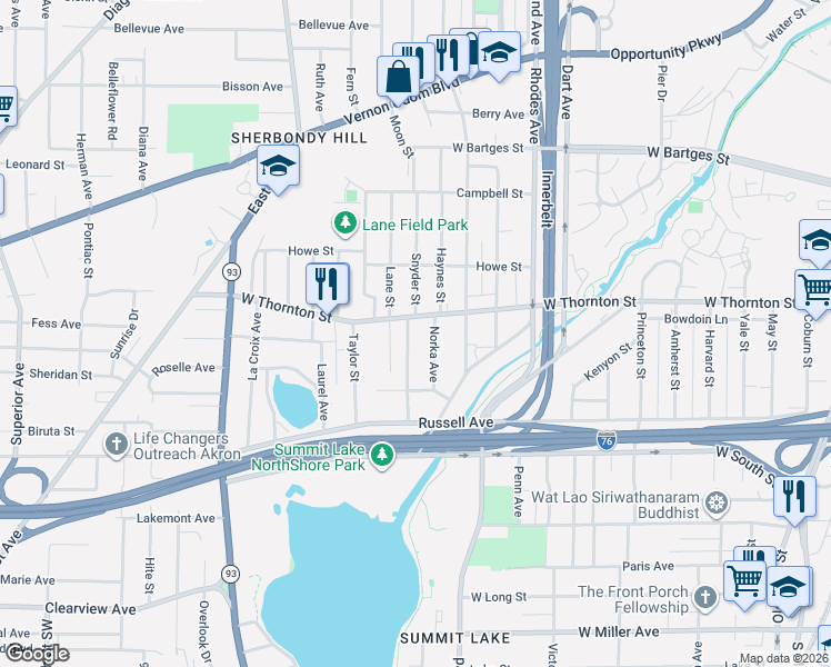 map of restaurants, bars, coffee shops, grocery stores, and more near 460 West Thornton Street in Akron