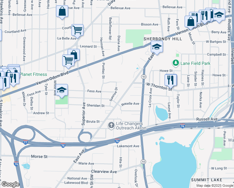 map of restaurants, bars, coffee shops, grocery stores, and more near 1285 Sunrise Drive in Akron