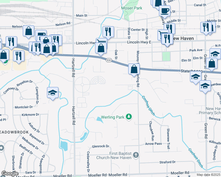 map of restaurants, bars, coffee shops, grocery stores, and more near 1001 Daly Drive in New Haven