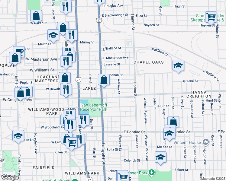 map of restaurants, bars, coffee shops, grocery stores, and more near 459 East Dewald Street in Fort Wayne