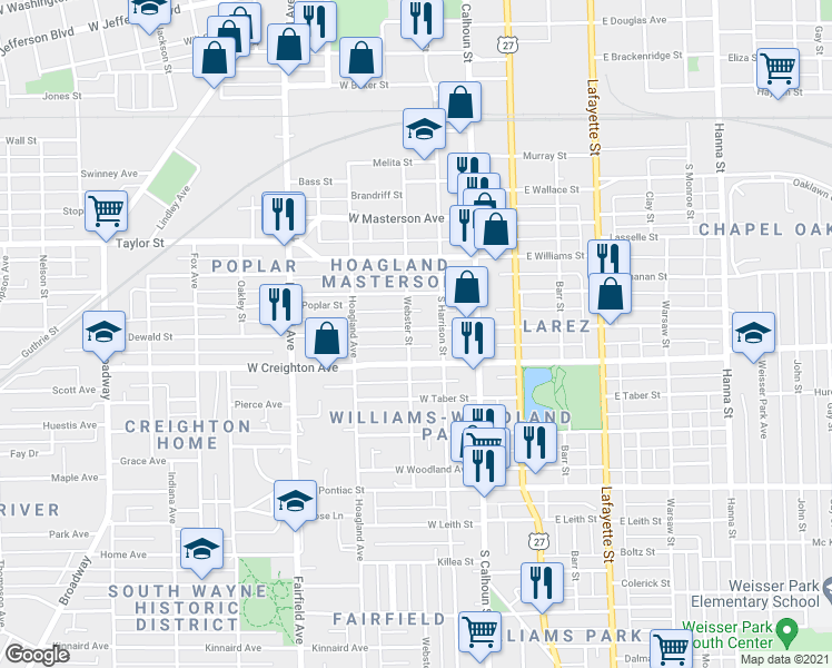 map of restaurants, bars, coffee shops, grocery stores, and more near 2120 South Harrison Street in Fort Wayne