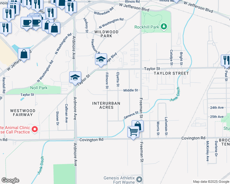 map of restaurants, bars, coffee shops, grocery stores, and more near 3400-3598 Middle Street in Fort Wayne
