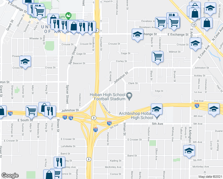 map of restaurants, bars, coffee shops, grocery stores, and more near 742 Johnston Street in Akron