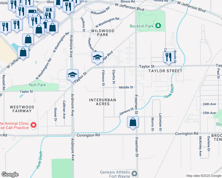 map of restaurants, bars, coffee shops, grocery stores, and more near 3400-3598 Middle Street in Fort Wayne