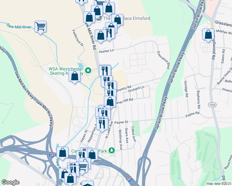 map of restaurants, bars, coffee shops, grocery stores, and more near 300 Saw Mill River Road in Elmsford
