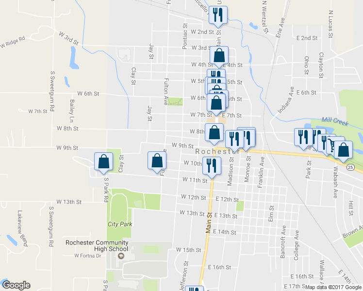 map of restaurants, bars, coffee shops, grocery stores, and more near Pontiac Street in Rochester