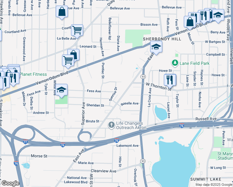 map of restaurants, bars, coffee shops, grocery stores, and more near 1285 Sunrise Drive in Akron