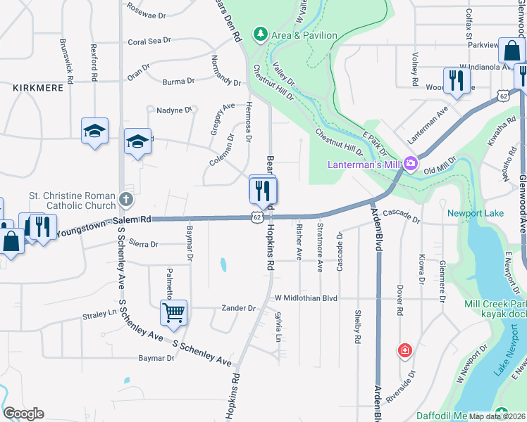 map of restaurants, bars, coffee shops, grocery stores, and more near 2000 Canfield Road in Youngstown