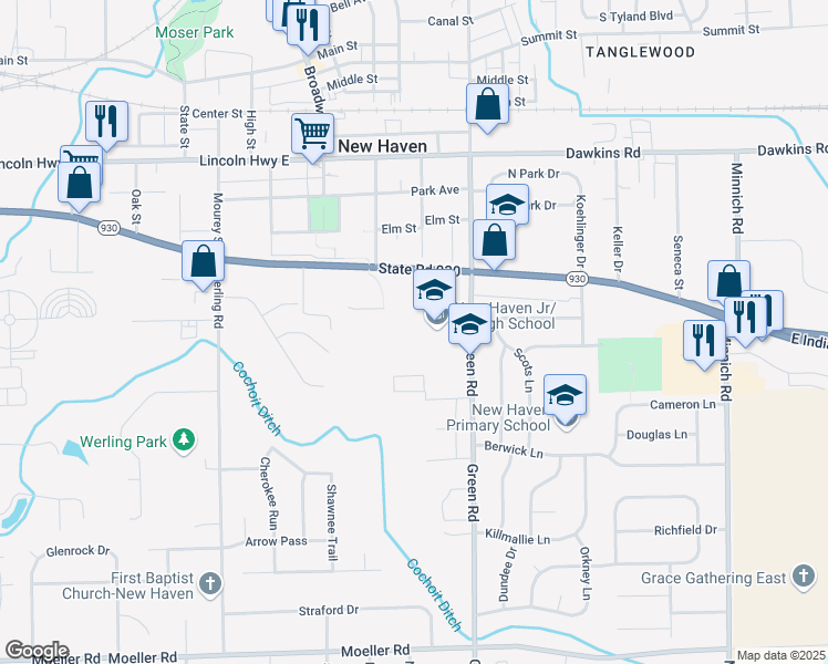 map of restaurants, bars, coffee shops, grocery stores, and more near 1300 Green Road in New Haven