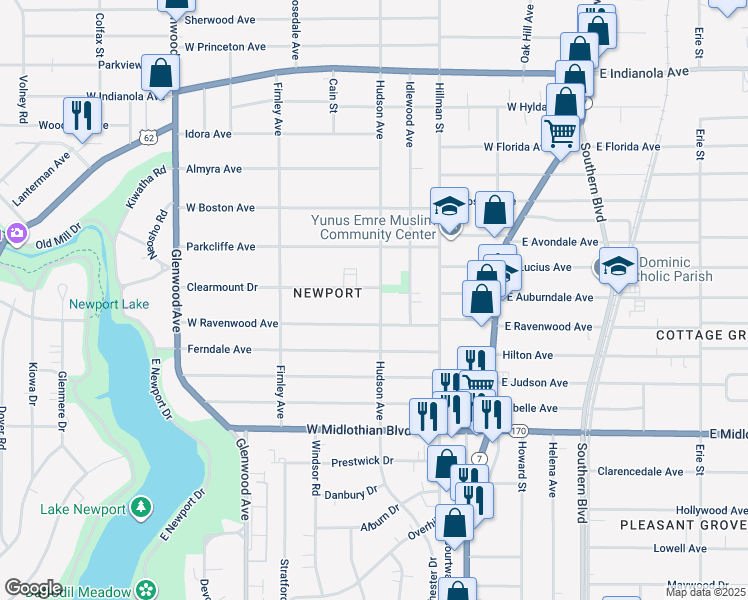 map of restaurants, bars, coffee shops, grocery stores, and more near 3412 Hudson Avenue in Youngstown