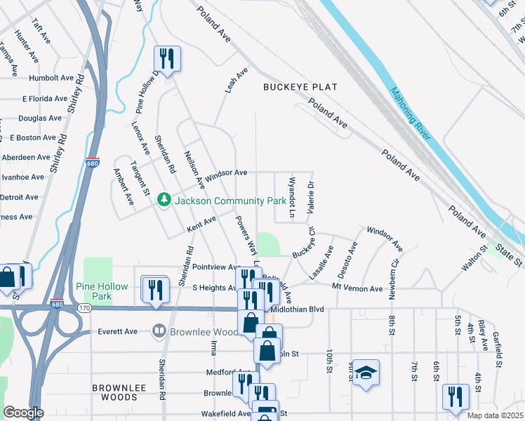 map of restaurants, bars, coffee shops, grocery stores, and more near 3593 Loveland Road in Youngstown
