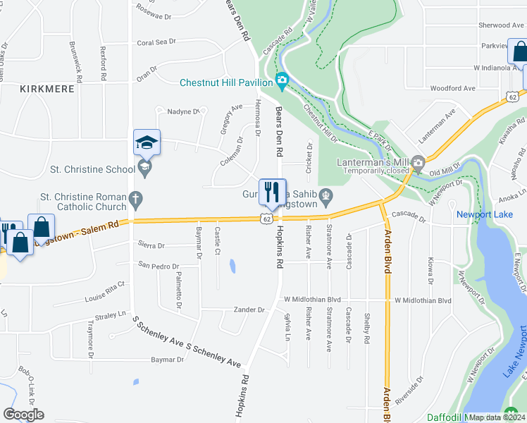 map of restaurants, bars, coffee shops, grocery stores, and more near 2000 Canfield Road in Youngstown