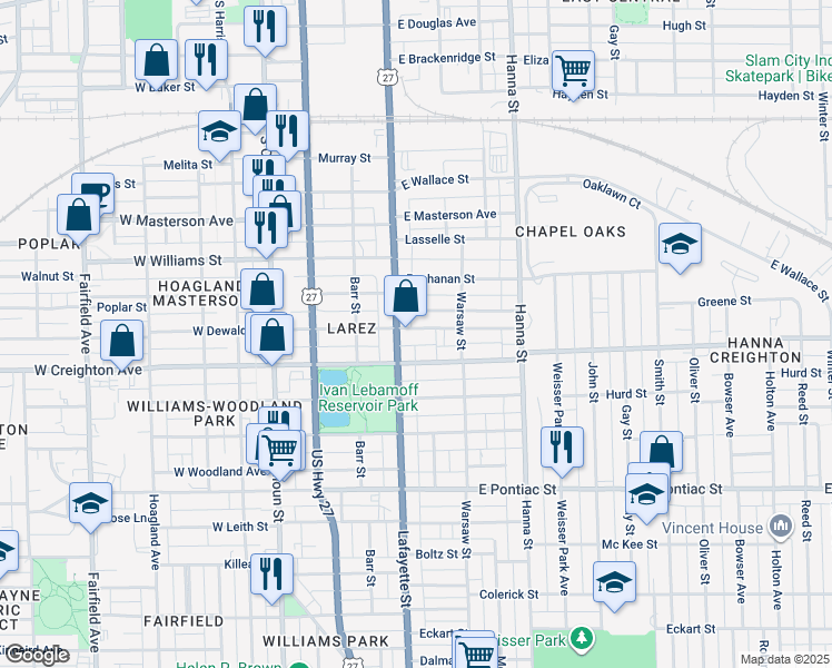 map of restaurants, bars, coffee shops, grocery stores, and more near 420 East Dewald Street in Fort Wayne