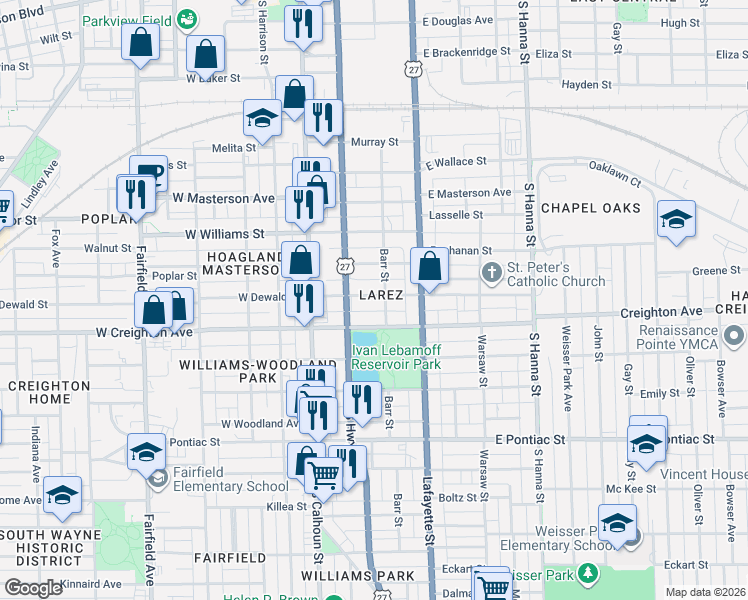 map of restaurants, bars, coffee shops, grocery stores, and more near 236 East Dewald Street in Fort Wayne