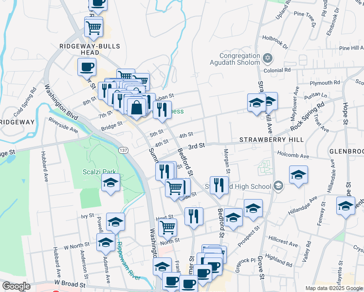 map of restaurants, bars, coffee shops, grocery stores, and more near 1607 Bedford Street in Stamford