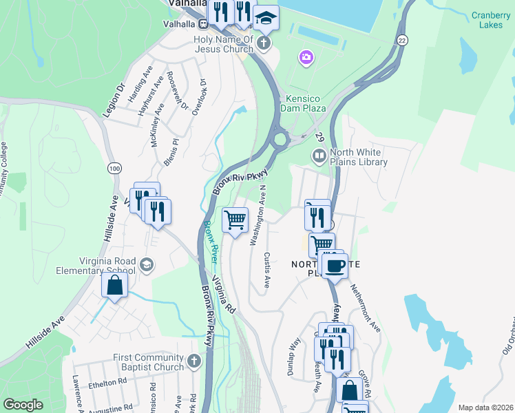 map of restaurants, bars, coffee shops, grocery stores, and more near 160 Lafayette Avenue in White Plains