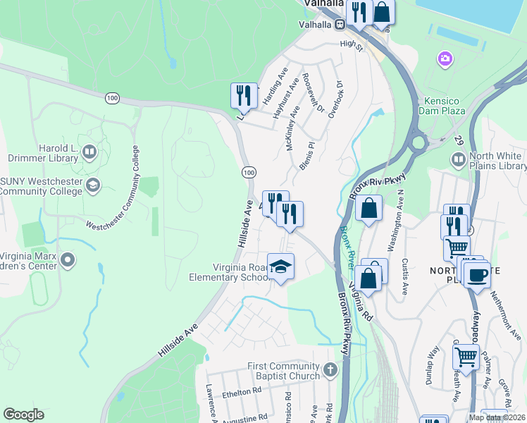 map of restaurants, bars, coffee shops, grocery stores, and more near 130 Virginia Road in White Plains