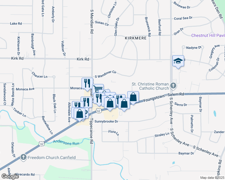 map of restaurants, bars, coffee shops, grocery stores, and more near 3390 Flo Lor Drive in Youngstown