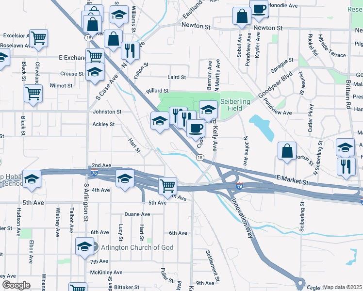 map of restaurants, bars, coffee shops, grocery stores, and more near in Akron
