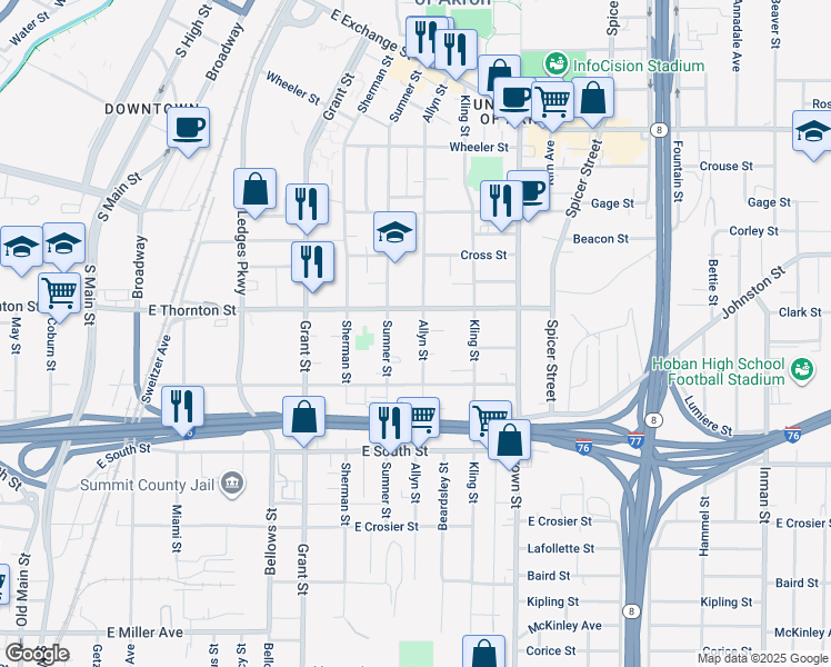 map of restaurants, bars, coffee shops, grocery stores, and more near 653 Sumner Street in Akron