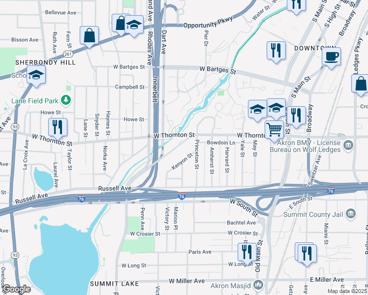map of restaurants, bars, coffee shops, grocery stores, and more near 789 Boulevard Street in Akron