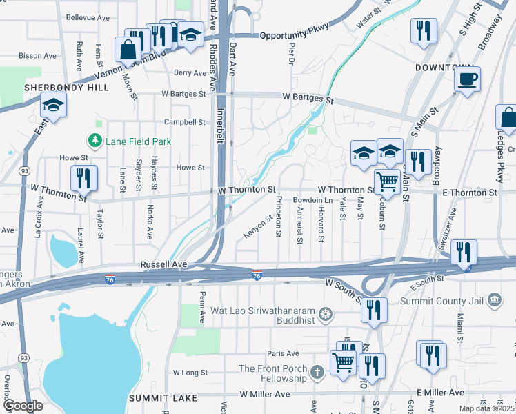 map of restaurants, bars, coffee shops, grocery stores, and more near 789 Boulevard Street in Akron