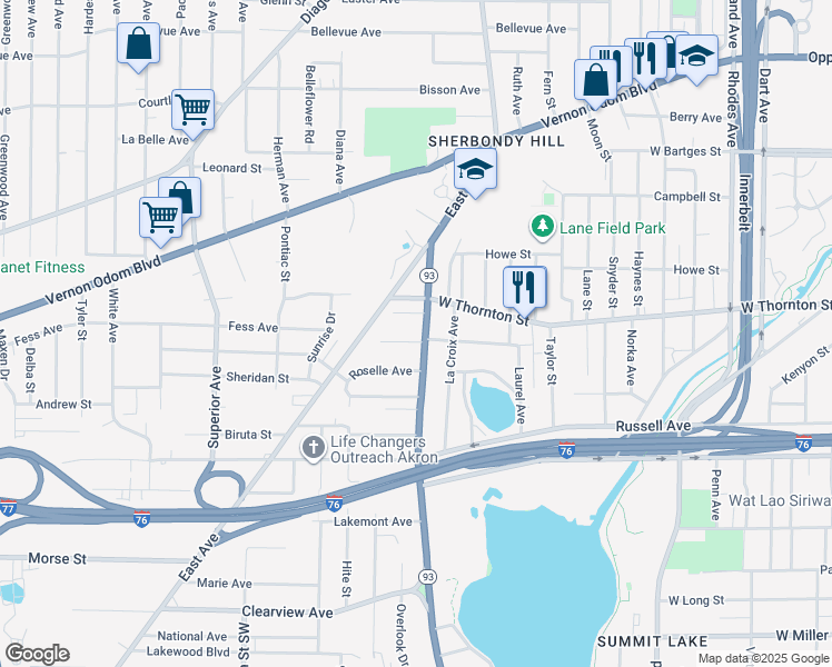 map of restaurants, bars, coffee shops, grocery stores, and more near 1230 Manchester Road in Akron