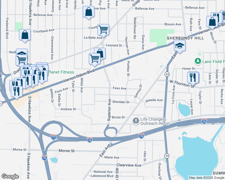 map of restaurants, bars, coffee shops, grocery stores, and more near 877 Fess Avenue in Akron