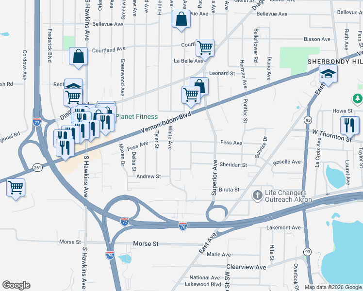 map of restaurants, bars, coffee shops, grocery stores, and more near 968 Fess Avenue in Akron